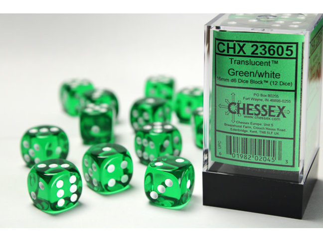 Chessex Green/white - 12 Transulent 16mm D6 Dice Block