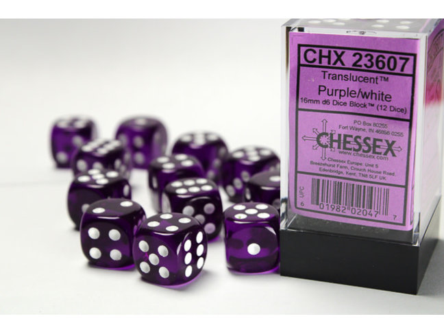 Chessex Purple/white - 12 Transulent 16mm D6 Dice Block