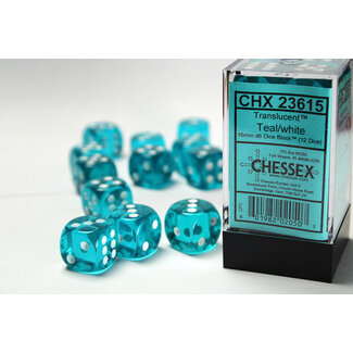 Chessex Teal/white - 12 Transulent 16mm D6 Dice Block