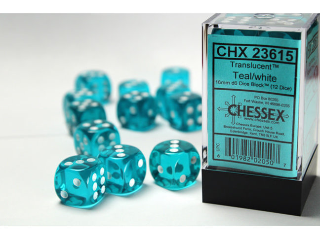 Chessex Teal/white - 12 Transulent 16mm D6 Dice Block