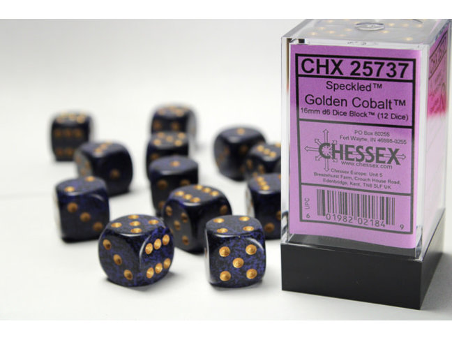 Chessex Golden Cobalt - 12 Speckled 16mm D6 Dice Block
