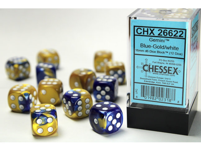 Chessex Blue-Gold/white - 12 Gemini 16mm D6 Dice Block