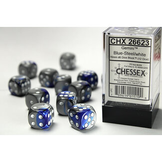 Chessex Blue-Steel/white - 12 Gemini 16mm D6 Dice Block