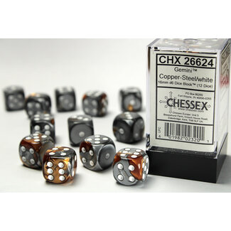 Chessex Copper-Steel/white - 12 Gemini 16mm D6 Dice Block