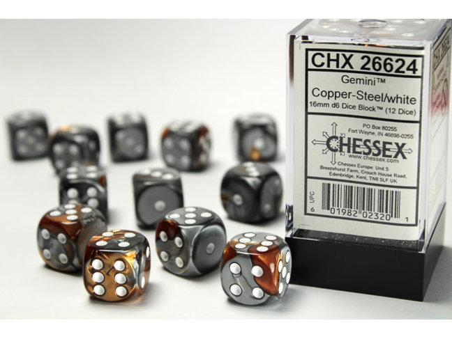 Chessex Copper-Steel/white - 12 Gemini 16mm D6 Dice Block