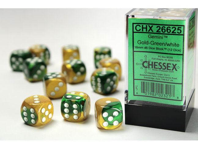 Chessex Gold-Green/white - 12 Gemini 16mm D6 Dice Block