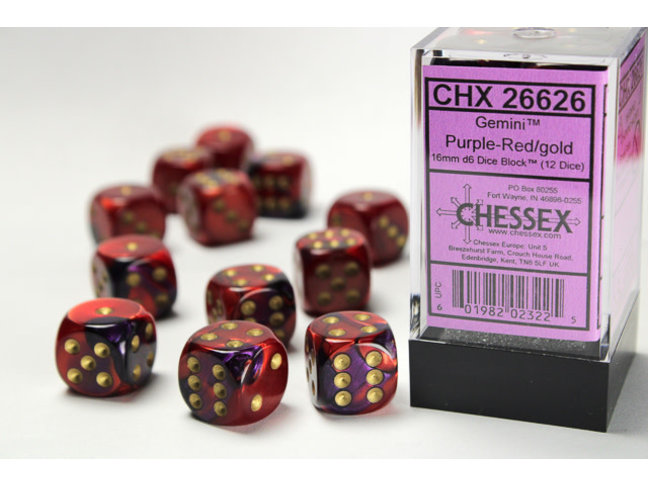 Chessex Purple-Red/gold - 12 Gemini 16mm D6 Dice Block