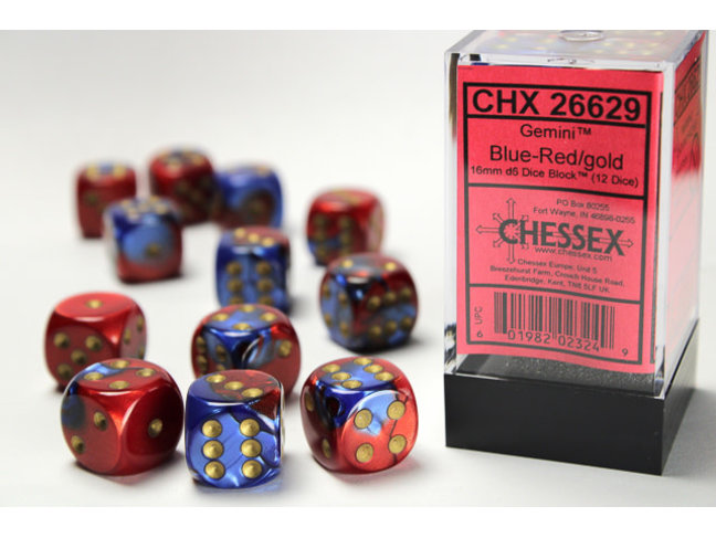 Chessex Blue-Red/gold - 12 Gemini 16mm D6 Dice Block