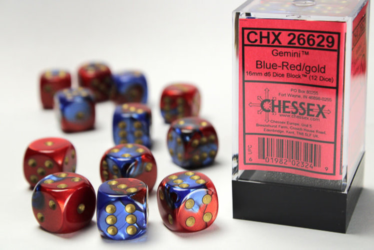 Chessex Chessex: Blue-Red/gold - 12 Gemini 16mm D6 Dice Block