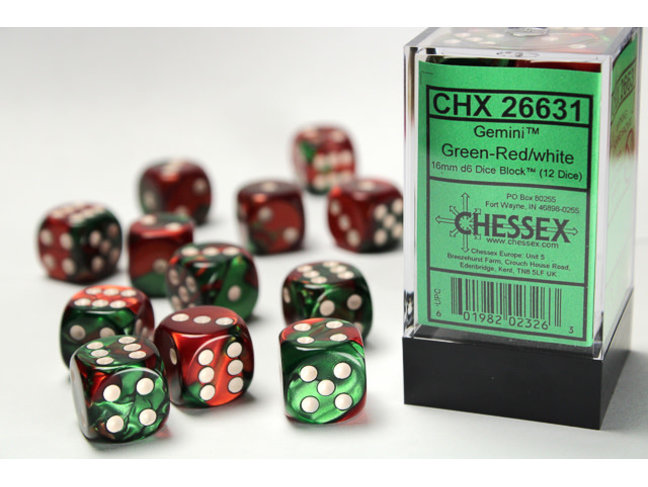 Chessex Green-Red/white - 12 Gemini 16mm D6 Dice Block