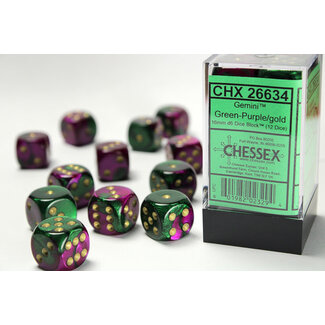Chessex Green-Purple/gold - 12 Gemini 16mm D6 Dice Block