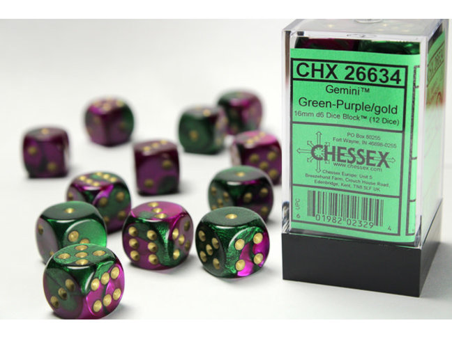 Chessex Green-Purple/gold - 12 Gemini 16mm D6 Dice Block