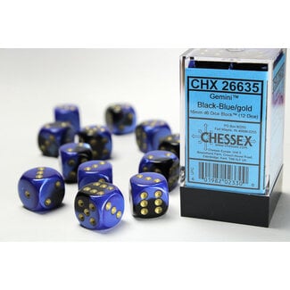 Chessex Black-Blue/gold - 12 Gemini 16mm D6 Dice Block