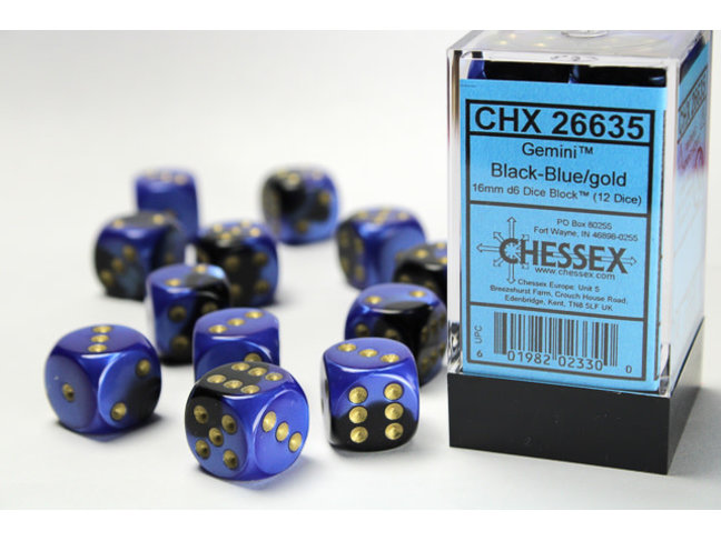 Chessex Black-Blue/gold - 12 Gemini 16mm D6 Dice Block