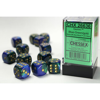 Chessex Blue-Green/gold - 12 Gemini 16mm D6 Dice Block