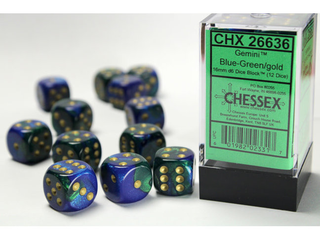 Chessex Blue-Green/gold - 12 Gemini 16mm D6 Dice Block