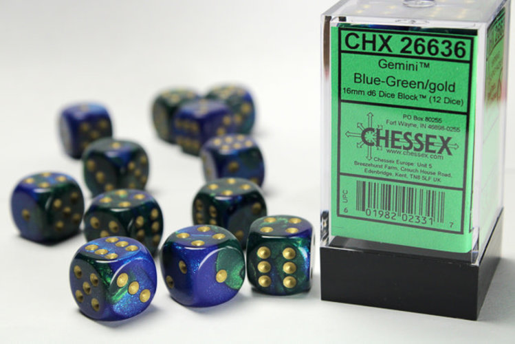Chessex Chessex: Blue-Green/gold - 12 Gemini 16mm D6 Dice Block