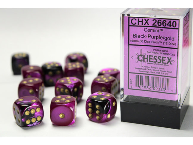 Chessex Black-Purple/gold - 12 Gemini 16mm D6 Dice Block
