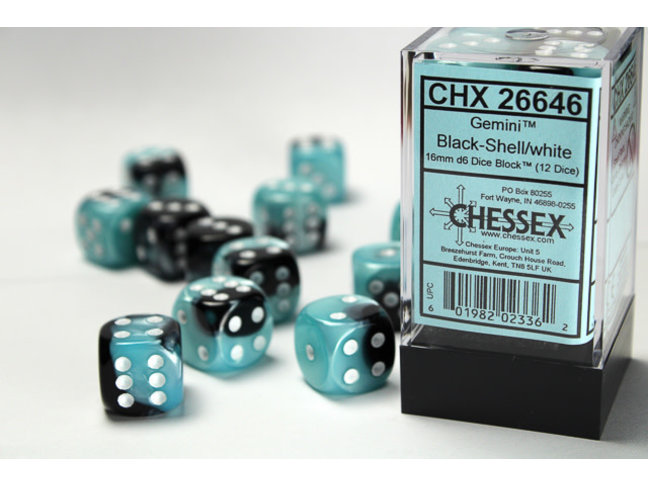 Chessex Black-Shell/white - 12 Gemini 16mm D6 Dice Block