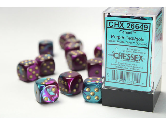 Chessex Purple-Teal/gold - 12 Gemini 16mm D6 Dice Block