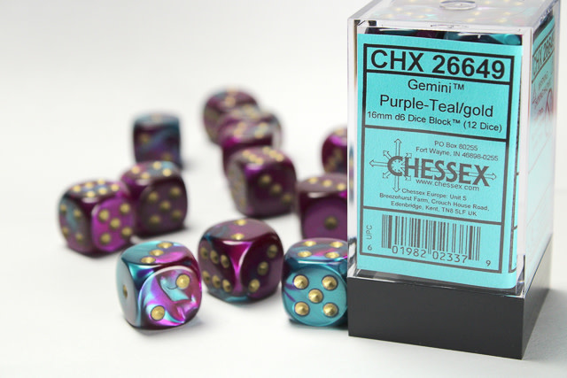 Chessex Gemini Purple-Teal Würfel Set - 12x 16mm Würfel Mit Gold