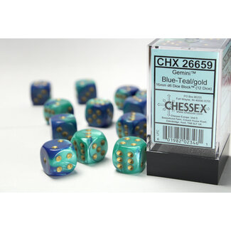 Chessex Blue-Teal/gold - 12 Gemini 16mm D6 Dice Block