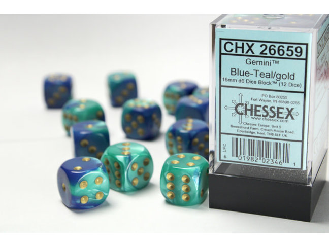 Chessex Blue-Teal/gold - 12 Gemini 16mm D6 Dice Block
