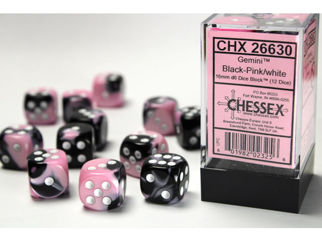Chessex Black-Pink/white - 12 Gemini 16mm D6 Dice Block
