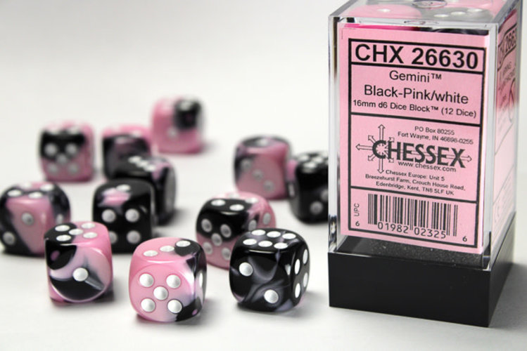 Chessex Chessex: Black-Pink/white - 12 Gemini 16mm D6 Dice Block