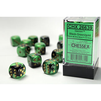 Chessex Black-Green/gold - 12 Gemini 16mm D6 Dice Block