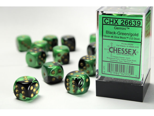 Chessex Black-Green/gold - 12 Gemini 16mm D6 Dice Block