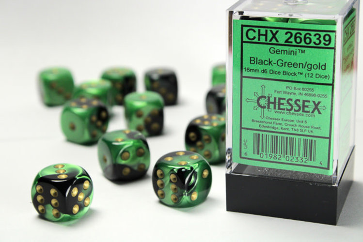 Chessex Chessex: Black-Green/gold - 12 Gemini 16mm D6 Dice Block