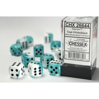 Chessex White-Teal/black - 12 Gemini 16mm D6 Dice Block