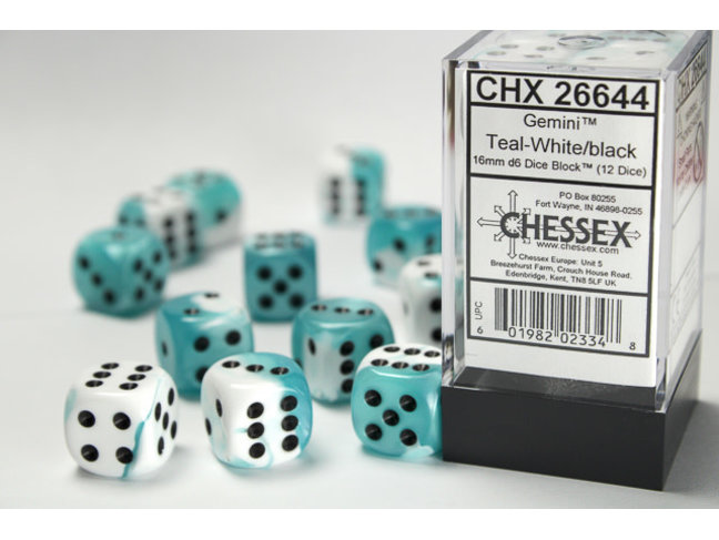 Chessex White-Teal/black - 12 Gemini 16mm D6 Dice Block