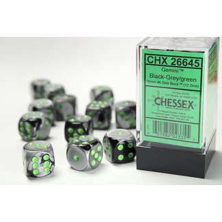 Chessex Black-Grey/green - 12 Gemini 16mm D6 Dice Block