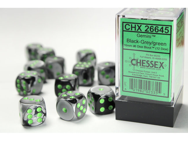 Chessex Black-Grey/green - 12 Gemini 16mm D6 Dice Block