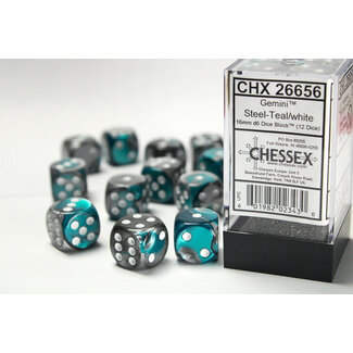 Chessex Steel-Teal/white - 12 Gemini 16mm D6 Dice Block