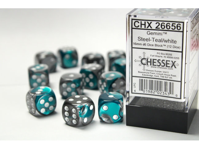 Chessex Steel-Teal/white - 12 Gemini 16mm D6 Dice Block