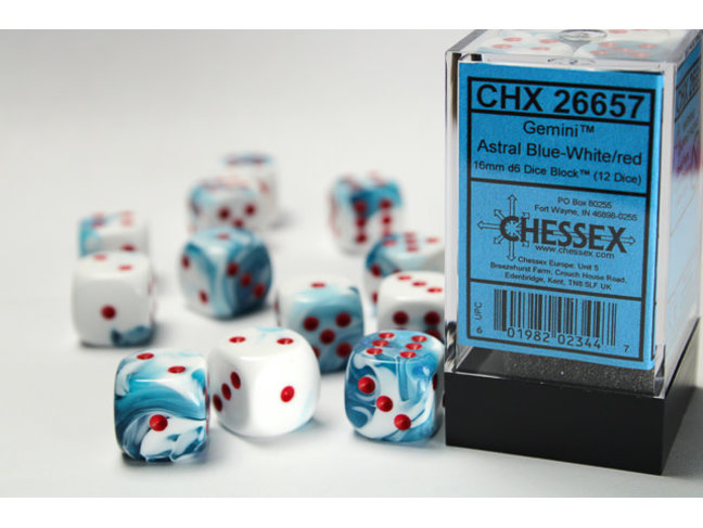 Chessex Astral Blue-White/red - 12 Gemini 16mm D6 Dice Block