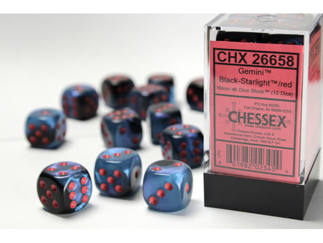 Chessex Black-Starlight/red - 12 Gemini 16mm D6 Dice Block