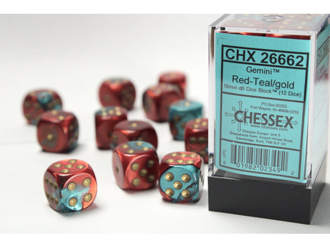 Chessex Red-Teal/gold - 12 Gemini 16mm D6 Dice Block