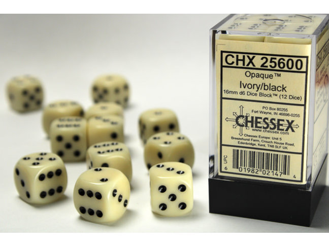 Chessex Ivory/black - 12 Opaque 16mm D6 Dice Block