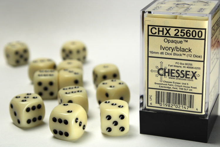 Chessex Chessex: Ivory/black - 12 Opaque 16mm D6 Dice Block