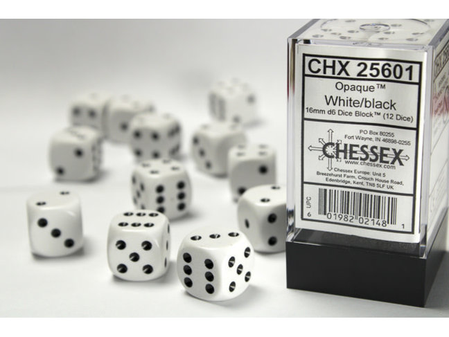 Chessex White/black - 12 Opaque 16mm D6 Dice Block