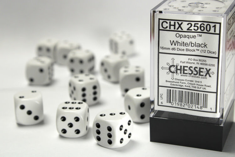 Chessex Chessex: White/black - 12 Opaque 16mm D6 Dice Block