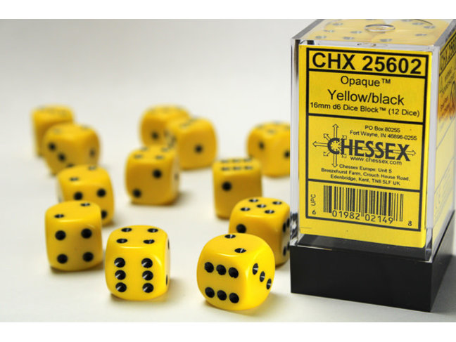 Chessex Yellow/black - 12 Opaque 16mm D6 Dice Block