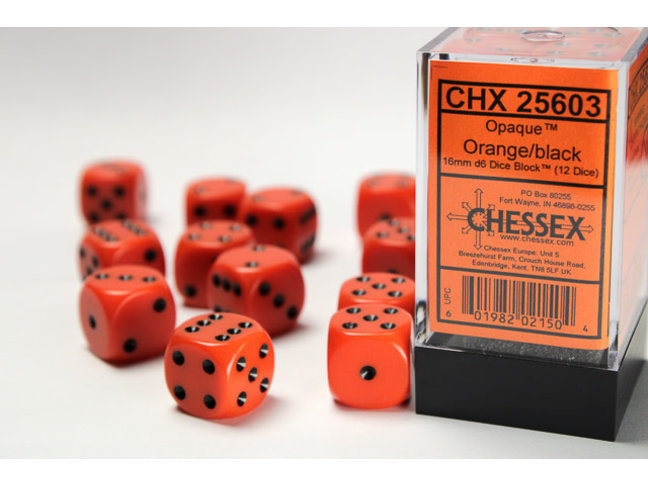 Chessex Orange/black - 12 Opaque 16mm D6 Dice Block