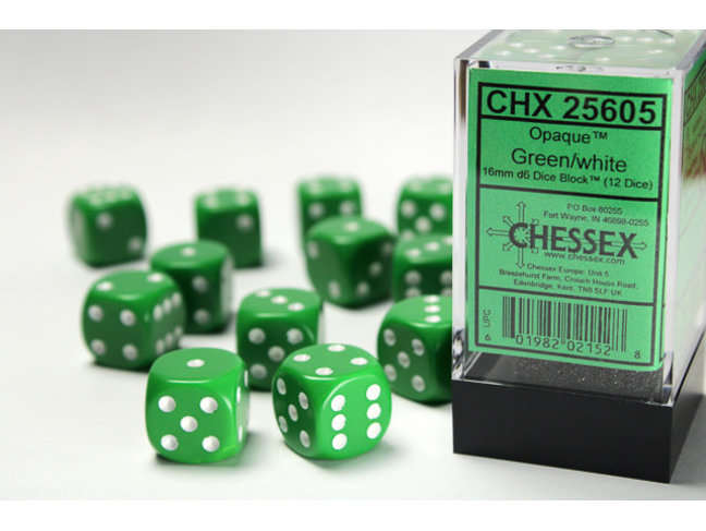 Chessex Green/white - 12 Opaque 16mm D6 Dice Block