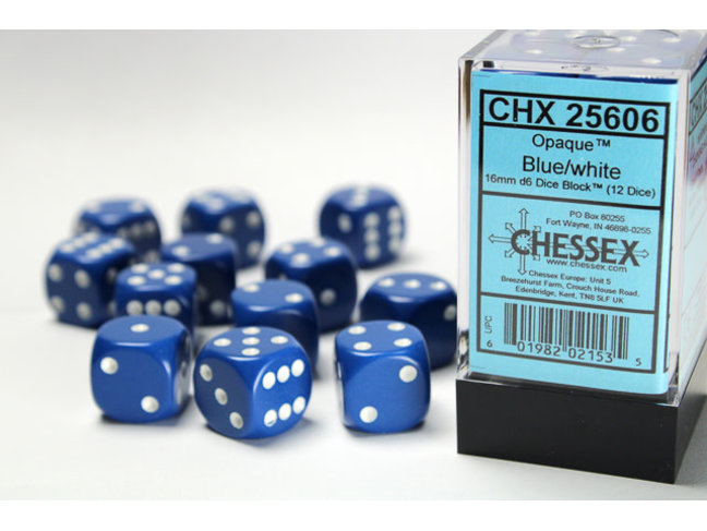 Chessex Blue/white - 12 Opaque 16mm D6 Dice Block