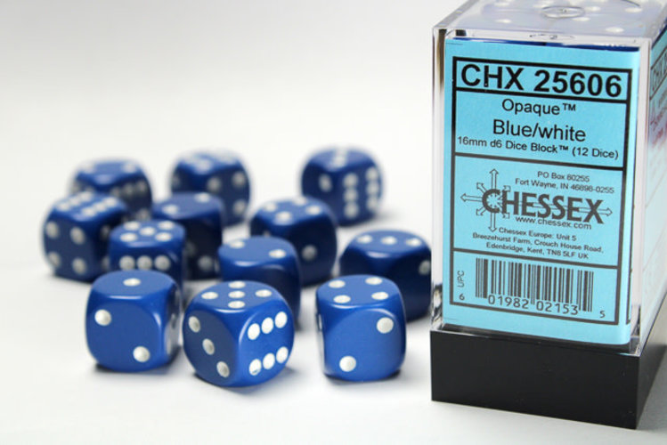 Chessex Chessex: Blue/white - 12 Opaque 16mm D6 Dice Block